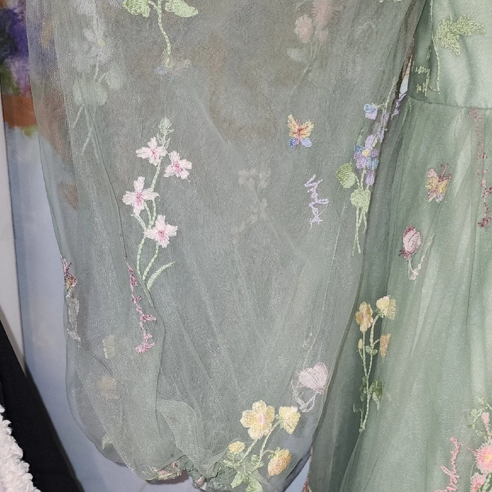 Elegant Floral Fairy Princess Corset Lng Sleeve Maxi Dress in Green Pink Floral - Picture 4 of 14